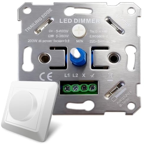 Variateur LED 230 V - Interrupteur à intensité variable - Encastré - Compatible avec interrupteur Gira & Hue, 5-200 W - Avec plaque de recouvrement blanche