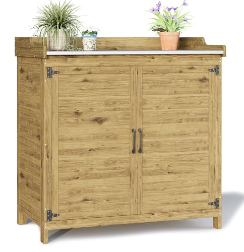 Blishom Tavolo da Esterno per Piante, Tavolo da Giardino con Piano di Lavoro Impermeabile, Tavolo da Lavoro in Legno con 1 Ripiano Regolabile, 48x98x95 cm. (Naturale)