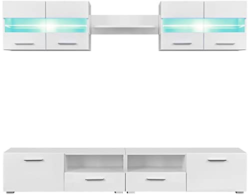 Vorpalize 5-TLG. TV-Wohnwand-Set, Hochglanz-Weiß, mit Beleuchtung, Lowboard, TV Schrank, modernes Design, für Wohnzimmer und Medienaufbewahrung