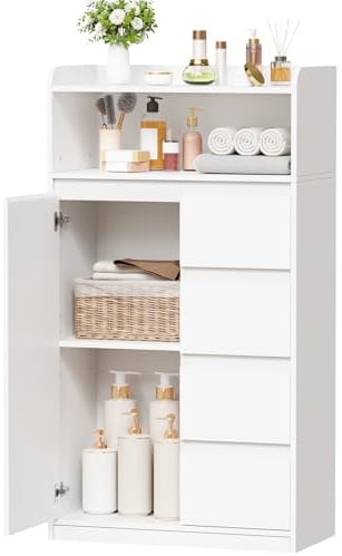 ANWBROAD Armario de Baño con 4 Cajones Blanco, Estantes Ajustables