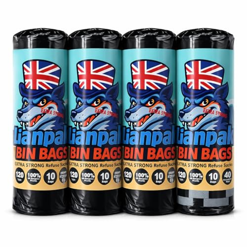 Lianpak 120L Heavy Duty Drawstring Bin Bags – 40 Micron Extra Strong Refuse Sacks, Made from 100% UK Recycled Plastic, Tear & Leak Resistant Large Black Rubbish Bags 4 Rolls (Total 40 Bags)