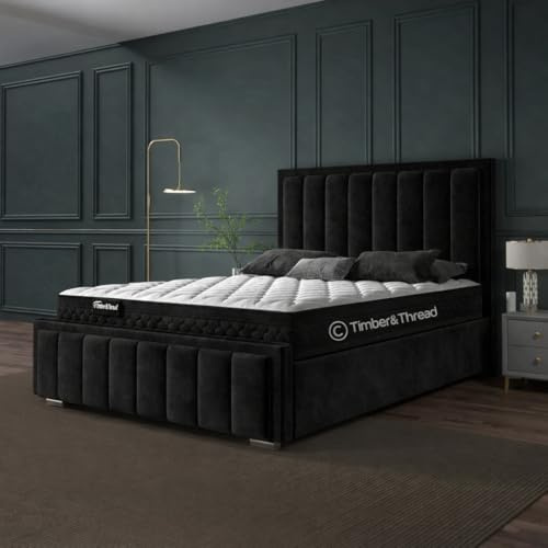 TIMBER&THREAD Double bed upholstered ottoman bed Frame, 4ft6 double bed, plush velvet ottoman storage frame, gas lift bed, black ottoman bed – high head-board 45inch