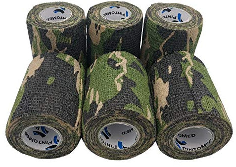 PintoMed Selbstklebender Verband, Gedehnt - 6 x Grüne Tarnung - 7,5cm x 4,5m - Bandagen Rollen Haftbandage Fixierbinde selbsthaftend Health Pflaster Sport Tape Stück Handgelenk Bein Arm Vet Wrap
