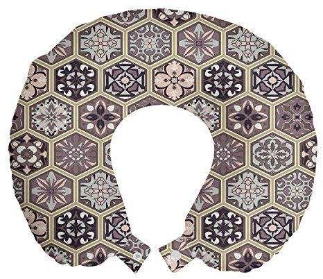 ABAKUHAUS Antique Oriental Reisekissen Nackenstütze, Honeycomb Blumen, Schaumstoff Reiseartikel für Flugzeug und Auto, 30x30 cm, Pale Tan Dunkle Taupe Grau
