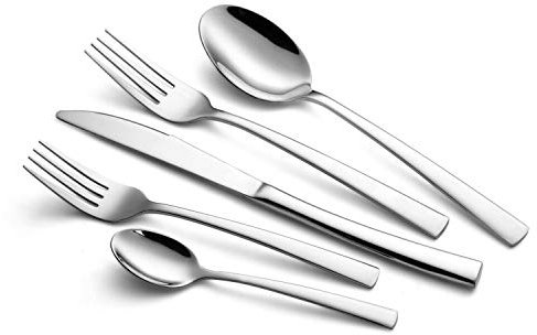 WUJO Set di Posate, Set di Argenteria/Posata da tavola, Contiene Coltello/Forchetta/Cucchiaio/Cucchiaino da Tè in Argento, Lavabile in Lavastoviglie (60pcs, WJD024)