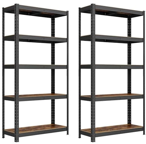 SONGMICS Standregal, 2er Set, Bücherregal, Lagerregal, 5 Ablagen, Küchenregal, Regal, 30 x 75 x 150 cm, bis 650 kg belastbar, verstellbare Ablagen, Industrie-Design, vintagebraun-schwarz GLR030B02