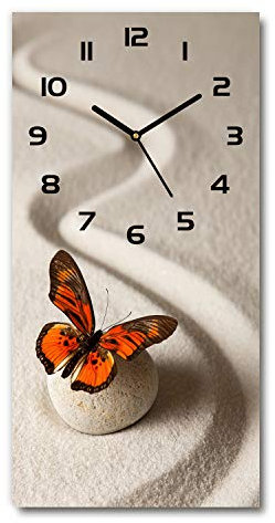 Tulup Glasuhr 30x60 cm - Schwarze Zeigern - Wanduhr Wandkunst Bild Gehärtetem Glas Uhr Echtglas Küche Wohnzimmer - Zen Stein und Schmetterling