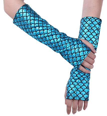 iEFiEL Damen Fingerlose Handschuhe Glänzend Meerjungfrau Fischschuppen Gedruckt Lange Handschuhe für Party Cosplay Fasching Clubwear Kostüm Accessoires Zubehör Seeblau One Size