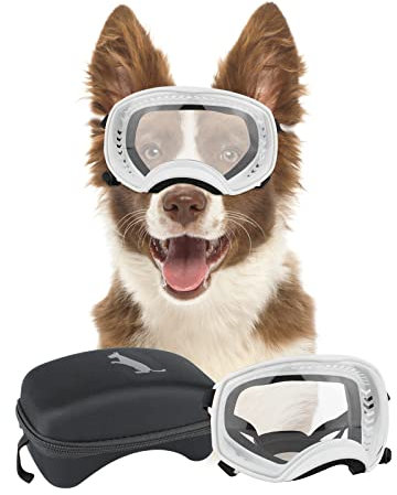 NAMSAN Hundebrille mit Weit Sichtfeld, UV-Schutz Große Hunde Sonnenbrille, Augen Schützen Klare Hund Schutzbrille mit Verstellbare Band und Schwammnasenpads