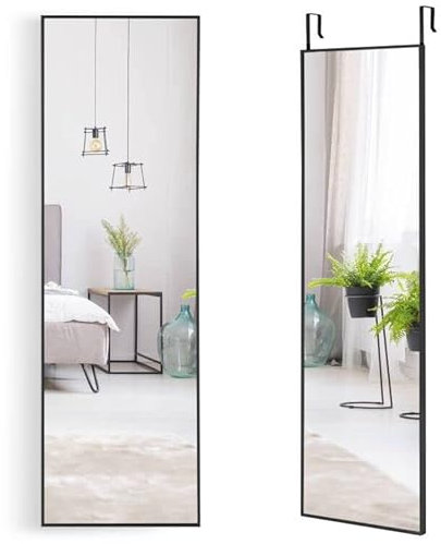 COSTWAY Espejo sobre Puerta de 120 x 37 cm, Espejo con Marco de Aleación de Aluminio y Cristal Irrompible, Espejo Colgante o de Pared con Ganchos para Armario, Dormitorio y Salón (Negro)