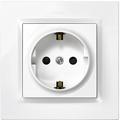 SIMON - Enchufe de Empotrar Schuko, Serie Simon 10, 250V, 16 A, Enchufe de Pared Plano y Fino, Fácil de Instalar, Incluye Marco, Tapa y Mecanismo, Base de Enchufe Hembra Color Blanco