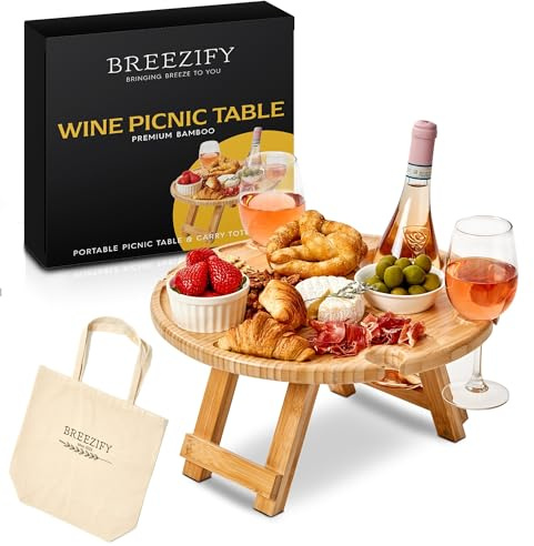 Zusammenklappbarer tragbarer Wein-Picknicktisch mit Tragetasche, clevere Geschenke für Frauen, Outdoor-Picknick-Zubehör, Bambus-Mini-Tablett mit Glashaltern für drinnen, Strand, Konzert, Camping