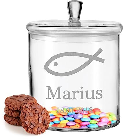 polar-effekt Leonardo Keksglas mit Gravur zur Taufe - personalisiertes Glas mit Name - für Kekse und Süßigkeiten geeignet - das Taufgeschenk für Kinder - Vorratsglas mit luftdichtem Deckel