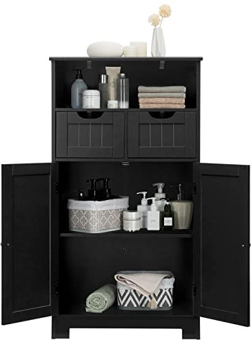 LIFEZEAL Armario de baño Independiente con cajones y estantes Ajustables, Armario de Suelo de Madera Independiente, Armario Alto Moderno para Cocina, salón, baño, 60 x 30 x 109 cm (Negro)