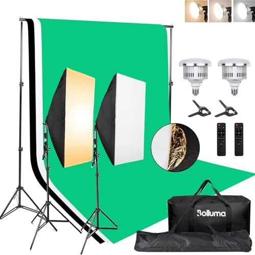 BOLLUMA Kit softbox professionale: 1 sistema di supporto per sfondo, 2 lampadine LED dimmerabili da 50 W, 2 treppiedi, 2 softbox, 1 riflettore, 2 custodia per fotografia, studio, video, ritratto