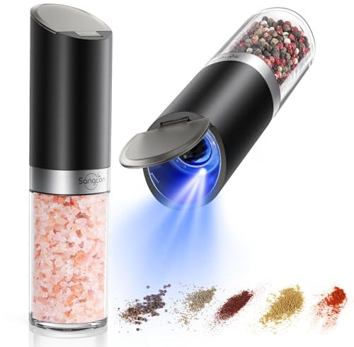 Sangcon Gravity - Juego de molinillo eléctrico de sal y pimienta con cubierta antipolvo, capacidad XL, funciona con pilas (4 AAA), grosor ajustable, salero y pimentero automático con una mano con luz