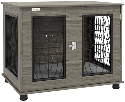 PawHut Hundekäfig Möbel mit abschließbar Tür Kissen, Metall Hundebox für Zuhause Indoor Hundehütte für mittelgroße Hunde bis zu 20 kg Beistelltisch Hundehaus 80 x 56 x 63 cm Grau