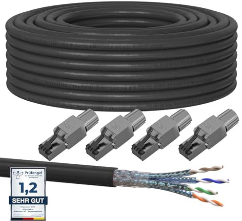 30m Cat7 Erdkabel Verlegekabel + 4x RJ45 Stecker Werkzeuglos CAT 8 Outdoor Lan Kabel Installationskabel CAT 7 Ethernet Netzwerk 1000MHz Datenkabel AWG23/1 Netzwerkkabel für Außenbereich UV-beständig
