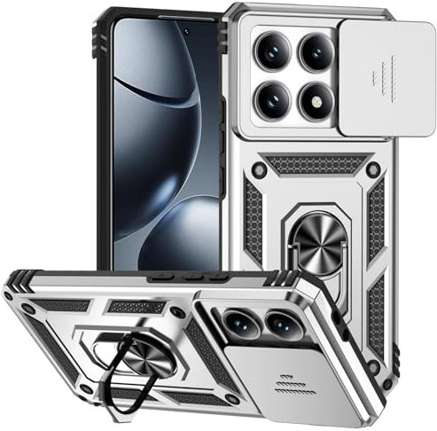 JNERBUYI Funda Magnética para Xiaomi 14T 5G con Anillo, Carcasa Protectora con Cubierta de Lente, Funda Conectar Soporte Magnético Coche.. Plata