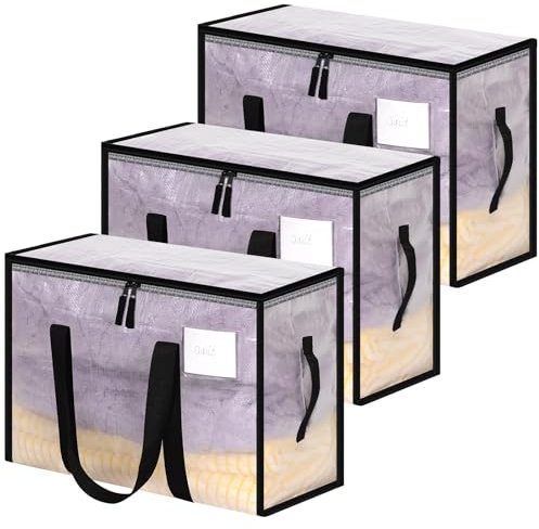 Yafe 3 Pack Medium Clothes Storage Boxes with Lids, 48L Transparent Capacity Storage Bags Storage Organiser Moving Bags Packing Boxes for Moving House Clothes Bedding Duvet Toys Storage(48L)
