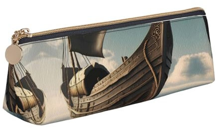 OAZCVBNN Federmäppchen aus Leder mit altem Wikinger-Boot-Aufdruck, stilvolle Tasche, Schule, Reisen, Make-up, Organisation, leicht