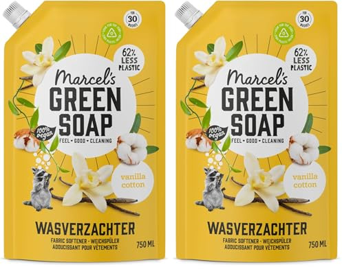 Marcel's Green Soap - Recharge d'adoucissant vanille & coton - Adoucissant liquide - Sans microplastiques ni huile de palme - Végétalien - 750ml (Lot de 2)