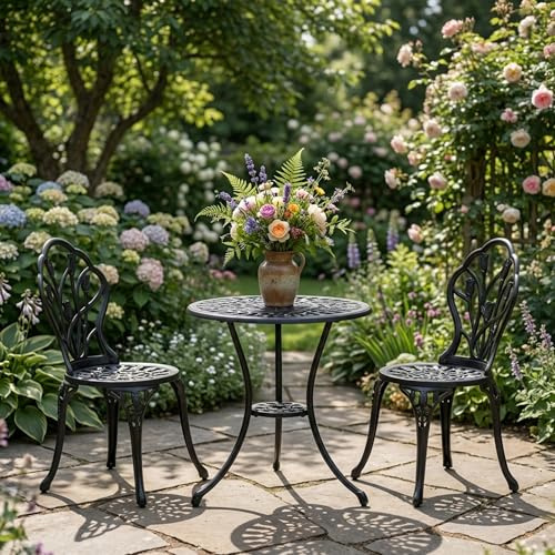 GIANTEX Salon de Jardin Exterieur 2 Personnes, Table et 2 Chaises en Fonte d'Aluminium, Résistant aux Intempéries, avec Trou pour Parasol, Pieds Réglables, Style Vintage, pour Jardin, Terrasse, Balcon