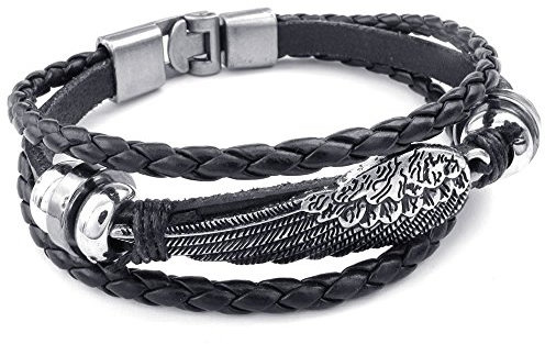 KONOV Schmuck Herren Damen Armband, Engel Flügel Geflochten Armreif, Leder Echtleder Legierung, Schwarz Silber