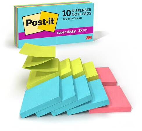 Post-it Super Sticky Dispenser Pop-up Notes, 10 Sticky Note Pads, 3 x 3 in., 2X The Sticking Power, New Year Organization or Second Semester School Supplies, Supernova Neons Collection