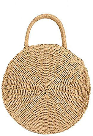 Minetom Sac de Plage en Paille Femmes Ronde Sac à Bandoulière à la Main Rétro Sac Tissé à l'herbe Sac de Voyage à Glissière Sac de Messager B Kaki(28x28x10cm) Taille Unique