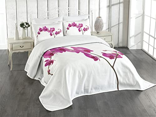 ABAKUHAUS Magenta Tagesdecke Set, Wilde Orchideen Petals, Set mit Kissenbezügen Romantischer Stil, für Doppelbetten 264 x 220 cm, Violett