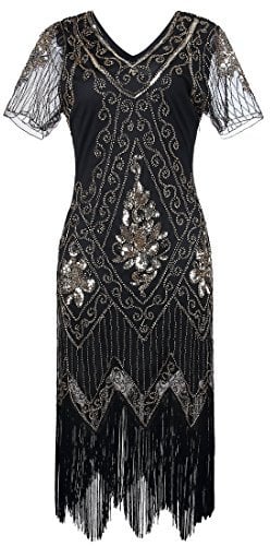 JaosWish Gatsby 1920s Flapper Dress Women Vintage Sequin Fringe Beaded Art Deco Fancy Dress with Sleeve for Party Prom, Black Gold, XXL