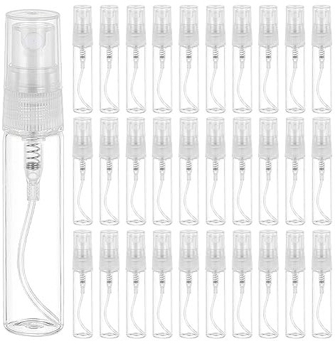 BENECREAT 30 Pack 5ml Botella Cristal de Spray Transparente Vacía de Aerosol de Niebla Botella Rellenable Conveniente para Aceites Esenciales, Productos de Belleza Orgánicos