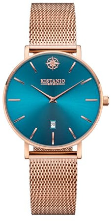 Kistanio Petit Damenuhr mit Milanaiseband Datum Edelstahl Rose Azurblau Saphirglas RG-AZS-M