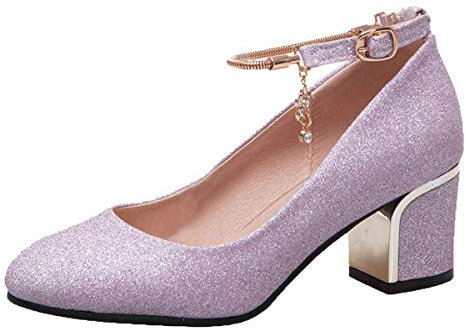 LUXMAX Donna Decolte Glitter con Tacco Medio Blocco Scarpe Paillettes Eleganti Decollete Cinturino Fibbia (Viola) - 40 EU