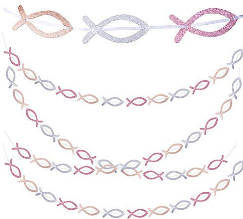 FLOFIA 4 STK. Fisch Girlande Taufe Girlande Taufe Dekoration Banner Papier Glitzernd Girlande für Taufe Kommunion Konfirmation Hochzeit Feier Rosa/Pink
