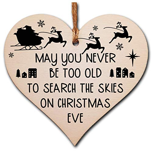 The Plum Penguin Handmade Wooden Hanging Heart Plaque Christmas Tree Bauble Too Old Search Skies Christmas Eve Fun Novelty Wall Hanger Decoration