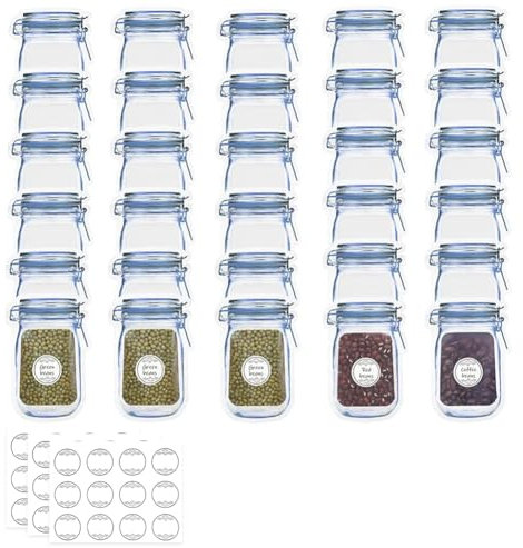 Mason Jar Bottles, 30 PCS Reusable Zipper Bags With Labels & Funnel, Airtight Seal Spice Storage Snack Saver Leak-Proof Zip-Lock for Travel Camping Picnic (Blue, L)