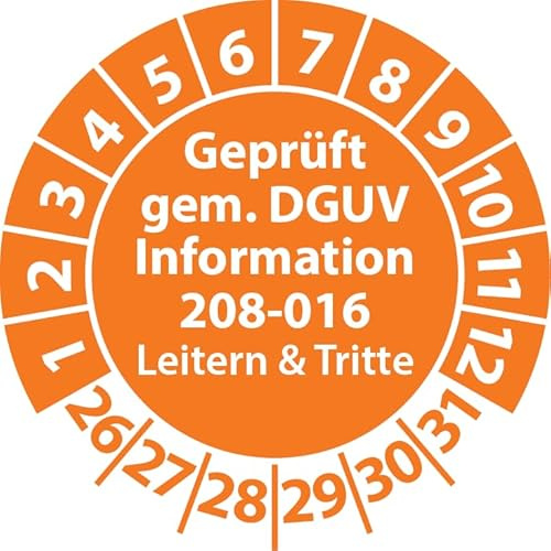 Prüfplakette Geprüft gemäß DGUV Information 208-016 Leitern und Tritte, Prüfaufkleber, Prüfetikett, Plakette (30 mm Ø, Orange, 100)