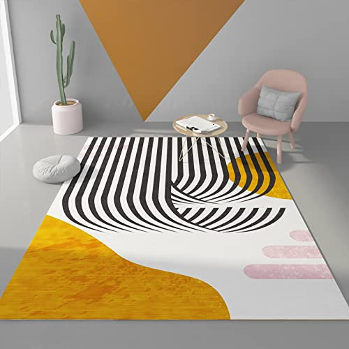Tzvpsu Mädchenzimmer Teppich waschbare Teppich Kinderteppich gelb schwarz weiß gestreift geometrisches Design Wohnzimmerteppich waschbare teppiche 160x200cm