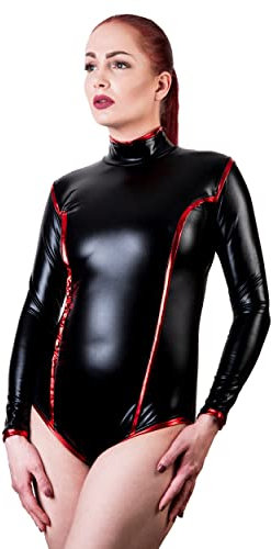 Rubberfashion cosplay metallic Wetlook Body - glänzender Body ouvert langarm - offener Schritt Reißverschluss Lederoptik für Damen schritt offen schwarz metallic XL