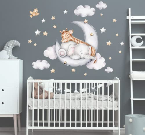 Giraffe mit Elefant auf dem Mond gute Freunde Sterne wolken Aquarell Wandtattoo für Kinderzimmer Aufkleber Wandsticker K1811 (60cm(B) x42cm(H))