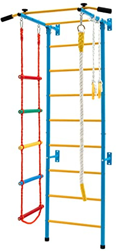 GOPLUS 5-in-1-Klettergerüst Sprossenwand, Wandmontiertes Stallstangen-Set mit Strickleiter, Klimmzugstange, Wandleiter, Seil & Turnringe, Multifunktionale Kletterwand für Kinder ab 3 Jahren & Erwachsene bis 100kg
