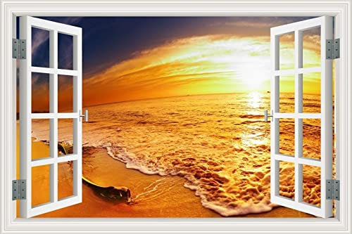 MUMUWUSG Vinyl 3D Wandaufkleber 120X80Cm Sonnenuntergang Himmel Meer Strand Fototapete Tapete Wanddeko 3D Effekt, Fototapeten Blick Durchs Fenster Illusion 3D Tapeten Wohnzimmer Schlafzimmer