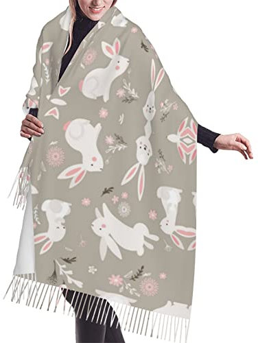 Weißer Lotusblumen-Schal, großer Schal, Kaschmir-Gefühl, Pashmina-Schal, weiche warme Decke, Schals, Geschenk für Männer und Frauen, Osterhase mit Blumenmuster, Einheitsgröße