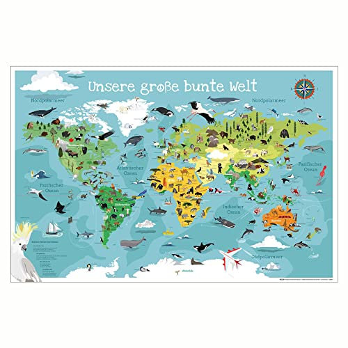 Close Up Kinder-Weltkarte XL Poster - Unsere große Bunte Welt in 61 x 91,5 cm - handgezeichnete und colorierte Kinder-Weltkarte
