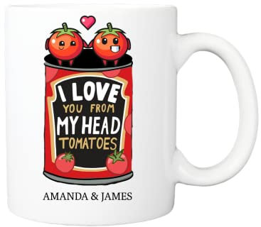 I Love You From My Head Tomatoes Couple Mug - Personalised with Any Names - Happy Valentines Gifts for Him or Her Girlfriend Wife Partner Fiancée Boyfriend Husband Anniversary Birthday Present