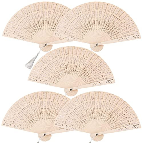 5 PCS Wooden Folding Fan, Sandalwood Fan Decorative Hollow Fan Wooden Fans Vintage Folding Handheld Fan Wooden Wedding Fan Ornament Chinese Fan Wood Hand Fans with Tassels for Women Folding Wedding