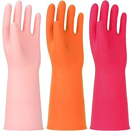 HINSOCHA 3 paia di guanti in gomma per la pulizia dei piatti, senza lattice, guanti riutilizzabili in nitrile da 33 cm, taglia L, arancione+rosa+rosso