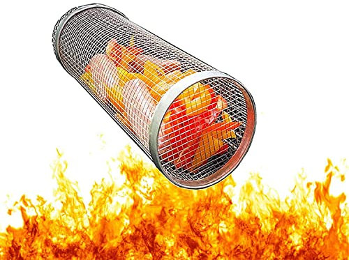 Rolling Grill Basket,Stainless Steel Wire Mesh Cylinder Grilling Basket, Portable Outdoor Camping Barbecue Rack for Vegetables,French Fries,Fish,Versatile Round Grill Cooking Accessories